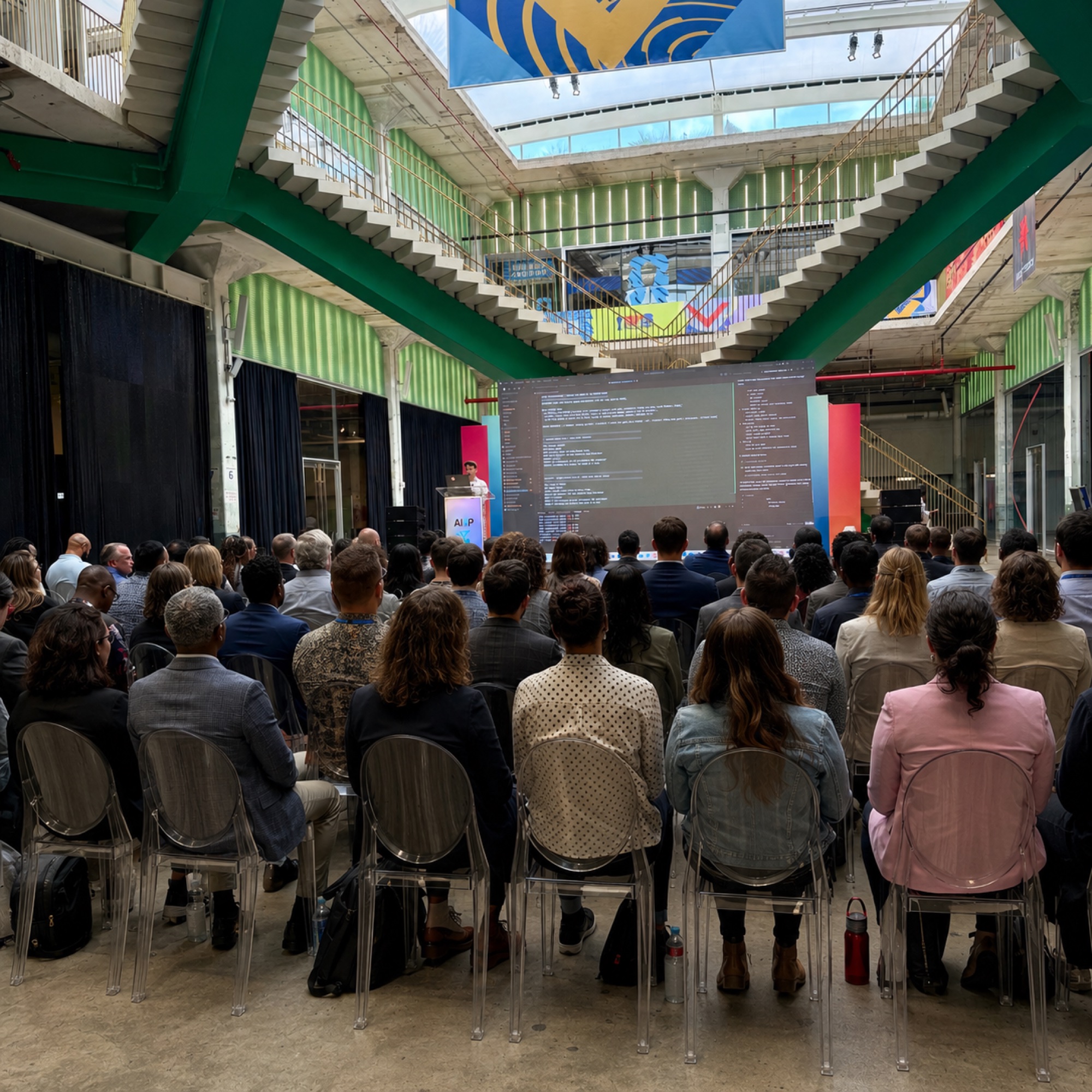 A seated audience in the atrium watching code on a large screen during a live coding session