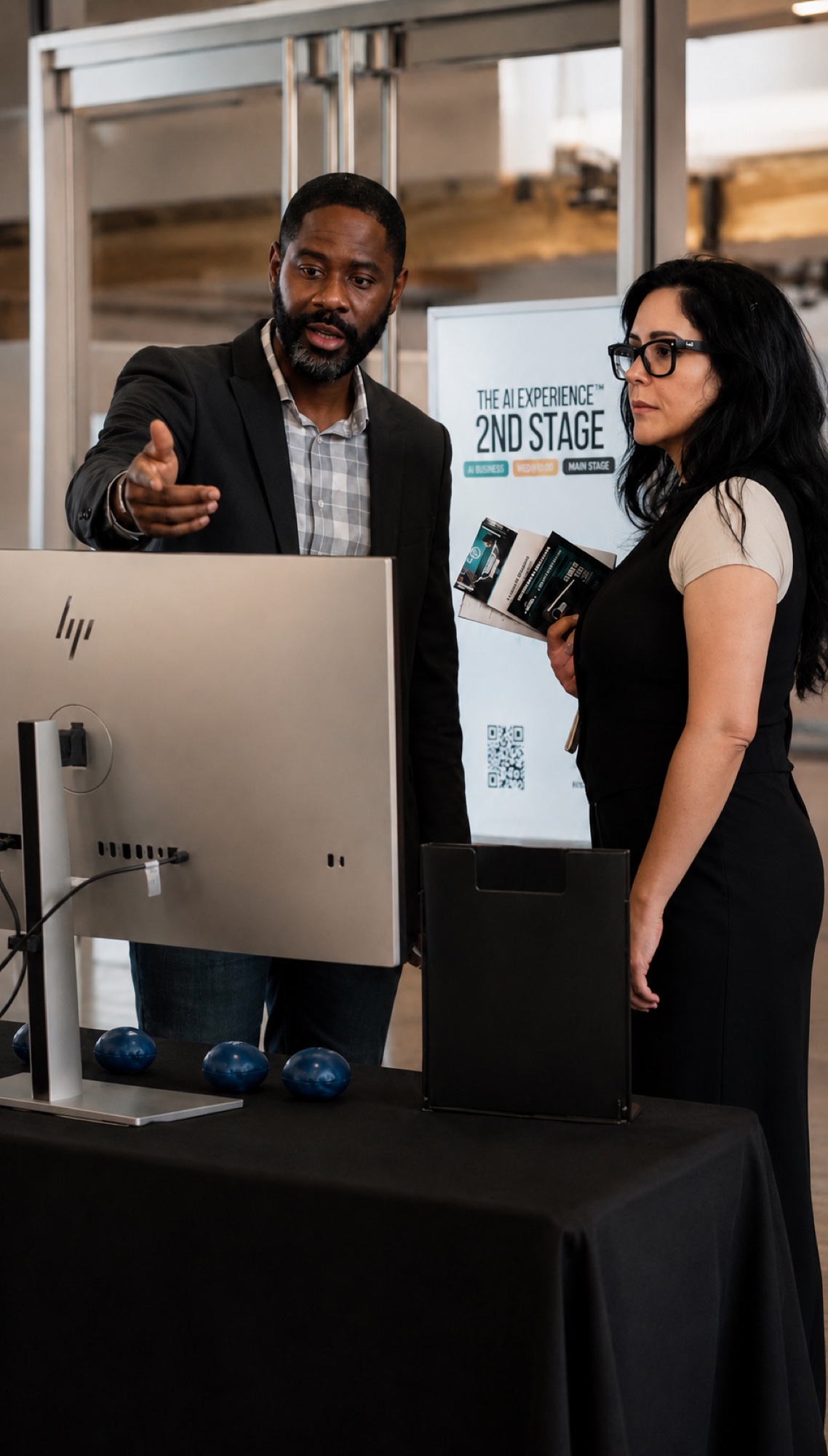 An exhibitor walking an attendee through a computer demo, one-on-one, at a demo table